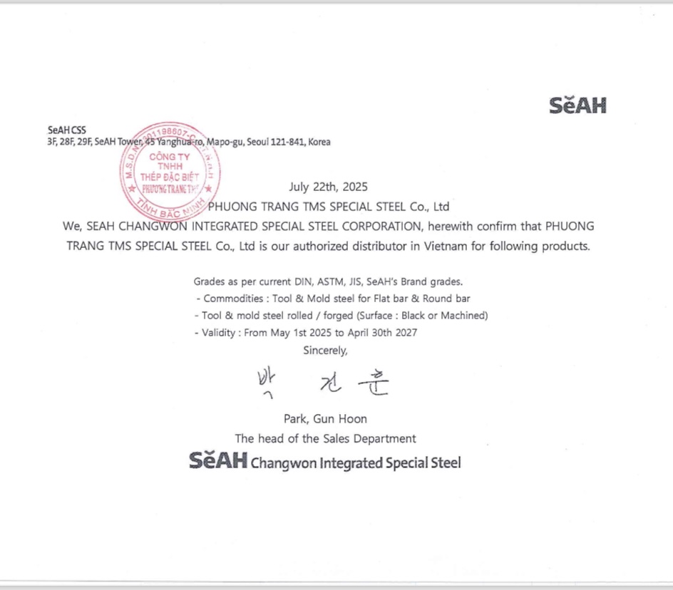 GIẤY CHỨNG NHẬN NPP ĐỘC QUYỀN - SEAH - PHƯƠNG TRANG TMS